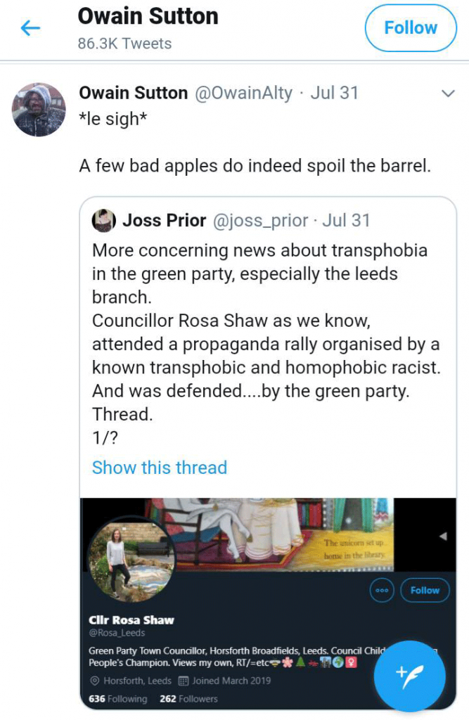 Owain Sutton tweet describing Counsellor Rosa Shaw as a "bad apple"